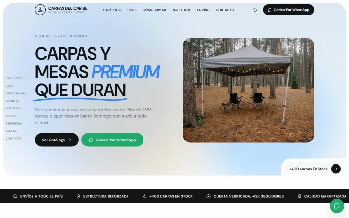 Página de inicio de Carpas del Caribe en computadora
