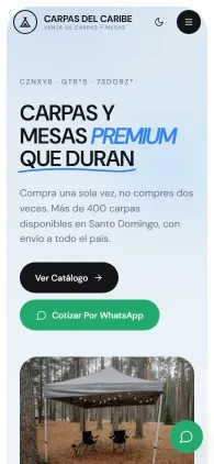 Página de inicio de Carpas del Caribe en teléfono