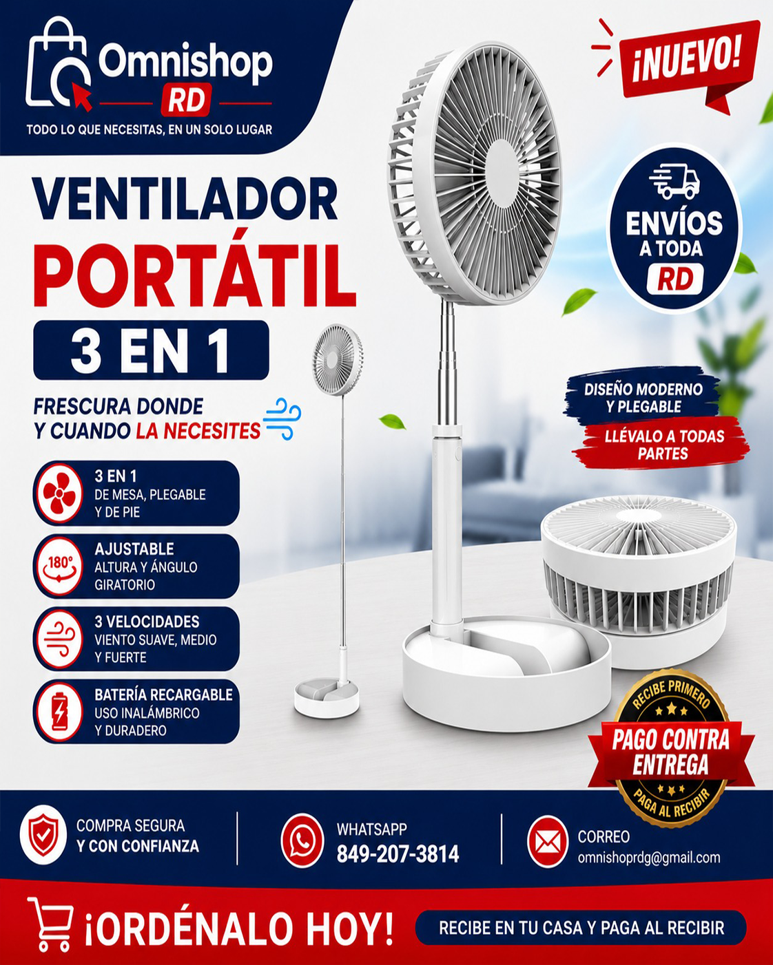 🌬️🔋 ABANICO RECARGABLE PLEGABLE 3 EN 1