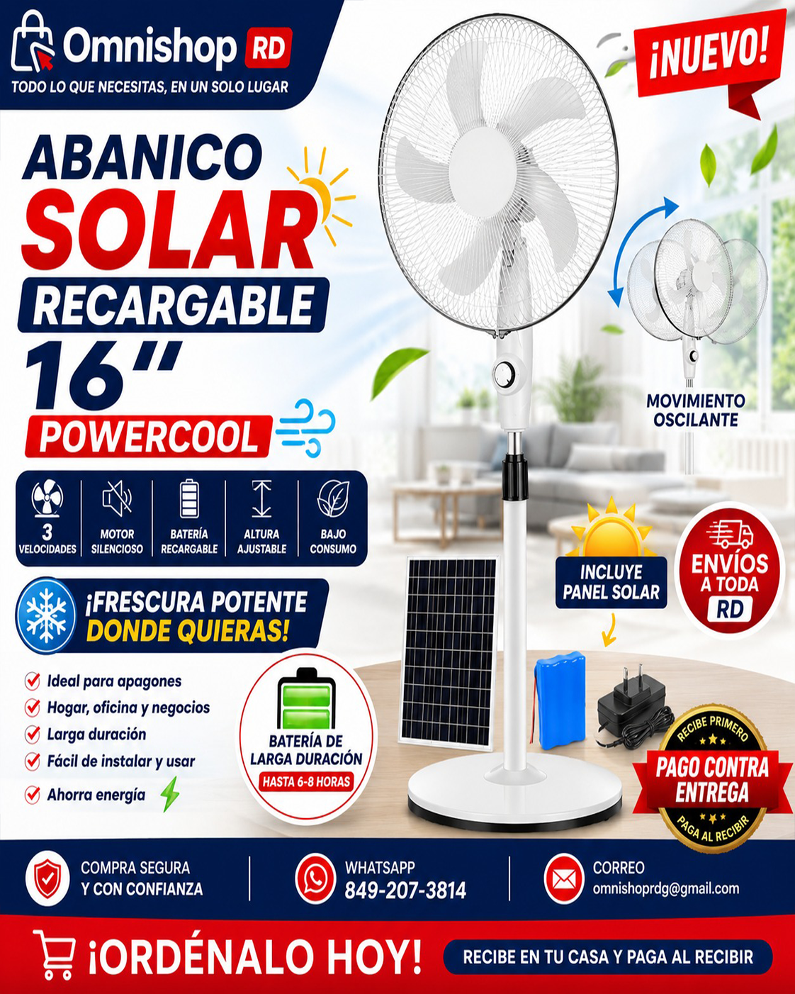 🔥🌞 ABANICO SOLAR RECARGABLE POWERCOOL 16” 🌞🔥