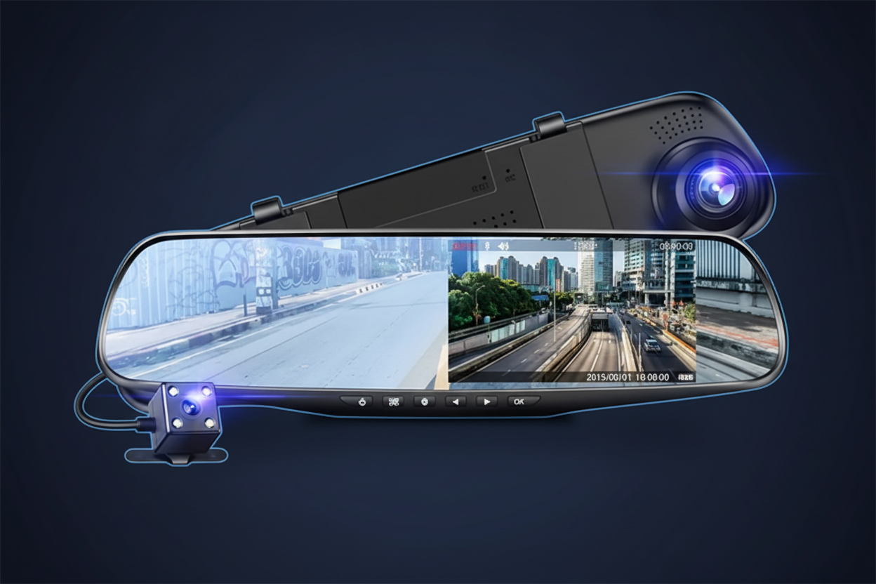 Cámara DVR retrovisor Full HD 1080P — producto principal fondo navy