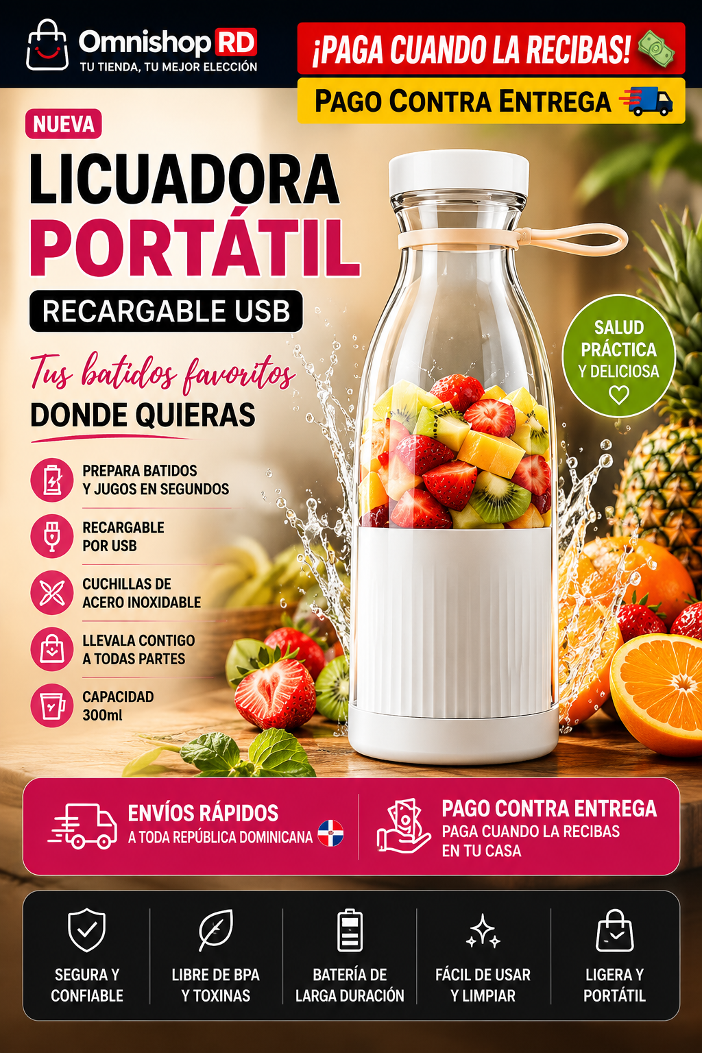 🍓🥤 Licuadora Portátil Recargable USB 300ml – Tus Batidos Favoritos Donde Quieras